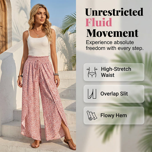 Pantalones de mujer de corte ancho con cintura fruncida y abertura