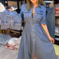 Vestido vaquero azul de corte entallado con cuello y botones para mujer