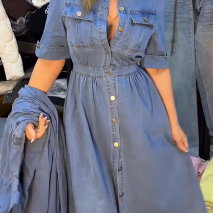 Vestido vaquero azul de corte entallado con cuello y botones para mujer
