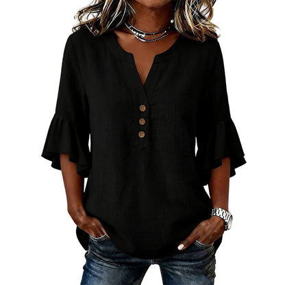 Top informal de mujer de color liso con cuello en V