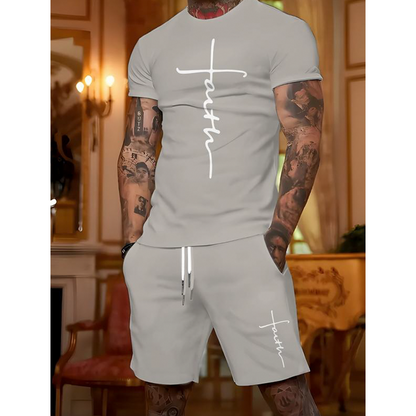 🔥¡Hasta agotar existencias, 50 % de descuento!🎉 Conjunto de camiseta y pantalones cortos con estampado «Faith» para hombre