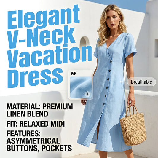 👗 Vestido midi cruzado de algodón y lino, con cuello en V y botones asimétricos – Estilo informal y elegante con prácticos bolsillos ✨