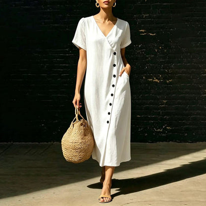 👗 Vestido midi cruzado de algodón y lino, con cuello en V y botones asimétricos – Estilo informal y elegante con prácticos bolsillos ✨