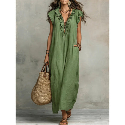 🌿✨ ¡50 % de descuento! Vestido largo informal y vaporoso con cuello en V y volantes: veraniego, ligero y versátil, ideal para el tiempo libre y las vacaciones