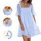 👗 ¡50 % DE DESCUENTO POR TIEMPO LIMITADO! 💥 Vestido de mujer con cuello cuadrado y fruncidos: ribetes de encaje, corpiño elástico y lazo en la espalda descubierta ✨