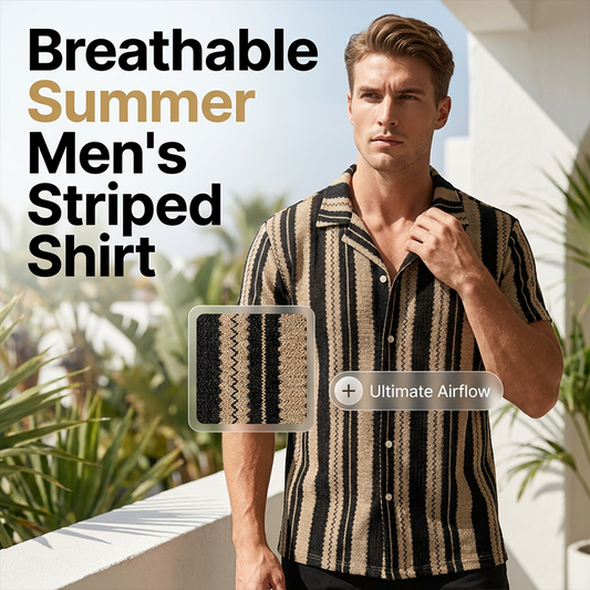 👕 ¡AHORA CON UN 50 % DE DESCUENTO! 🌊 Camisa de hombre con cuello cubano y rayas onduladas – Tejido transpirable y corte holgado – Estilo retro veraniego 🌴