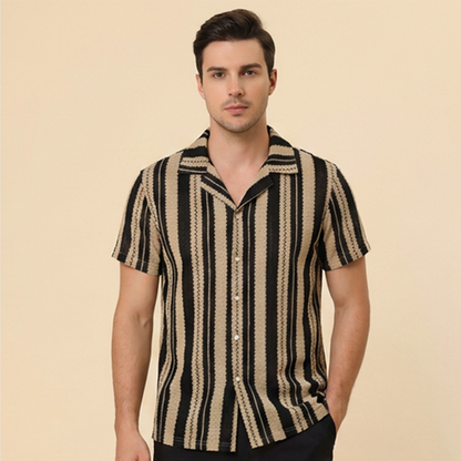 👕 ¡AHORA CON UN 50 % DE DESCUENTO! 🌊 Camisa de hombre con cuello cubano y rayas onduladas – Tejido transpirable y corte holgado – Estilo retro veraniego 🌴