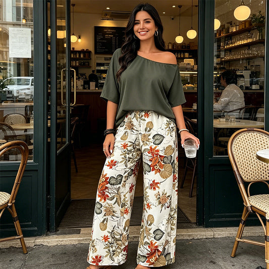 Conjunto de dos piezas para mujer: top con hombros al aire y pantalones estampados