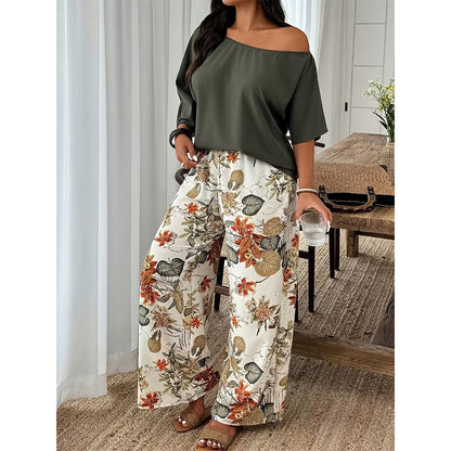 Conjunto de dos piezas para mujer: top con hombros al aire y pantalones estampados