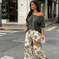 Conjunto de dos piezas para mujer: top con hombros al aire y pantalones estampados