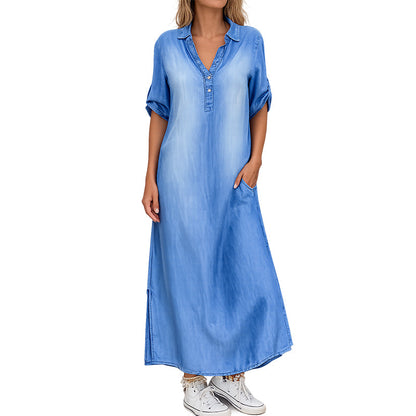 Vestido largo de denim desgastado de corte holgado para mujer