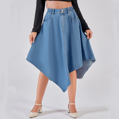 Falda midi asimétrica de vaqueros con efecto adelgazante