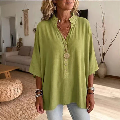 Camisas de mujer con cuello en V, manga corta y botones