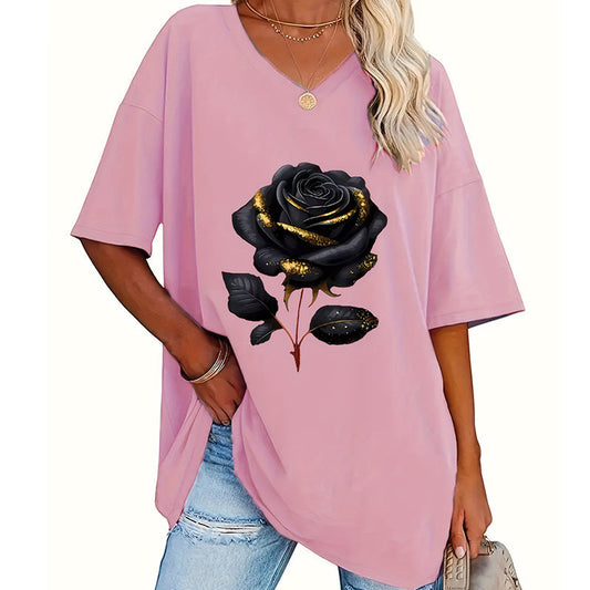 Camiseta de mujer de tallas grandes con estampado de rosas y cuello en V