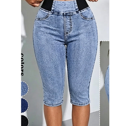 Pantalones capri vaqueros de cintura alta para mujer, vaqueros cortos con cintura elástica