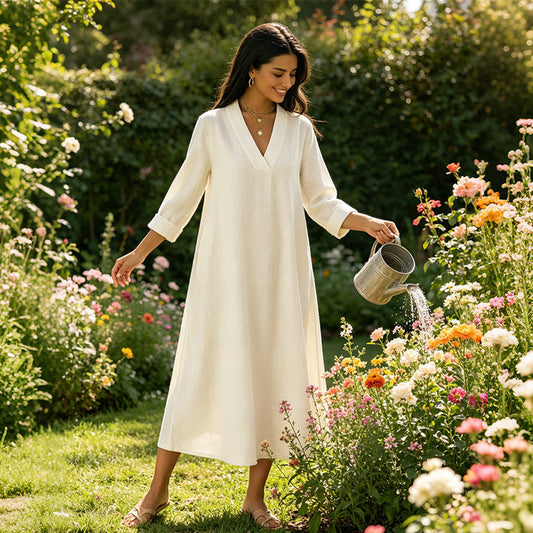 🔥Novedades ahora en oferta: vestido de mujer de algodón y lino con cuello en V y corte en A