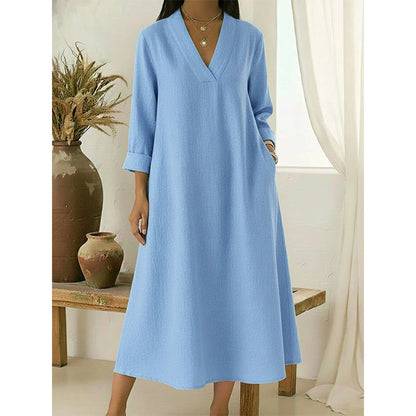 🔥Novedades ahora en oferta: vestido de mujer de algodón y lino con cuello en V y corte en A