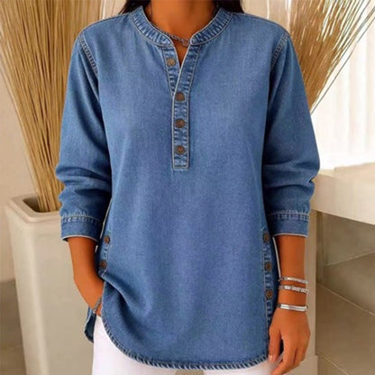Camisa holgada de vaquero con cuello en V para mujer