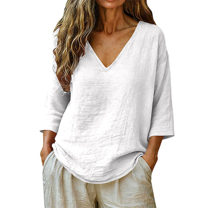 Blusa informal de mujer con cuello en V y mangas tres cuartos
