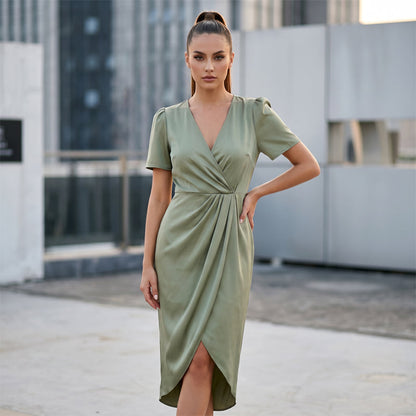 🔥Novedades y ofertas especiales: vestido cruzado asimétrico de manga corta y cuello en V para mujer