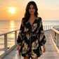 Vestido de verano para mujer con cuello en V, mangas con volantes y cordón ajustable