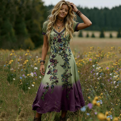 Vestido largo de mujer de estilo vintage con cuello en V y estampado floral