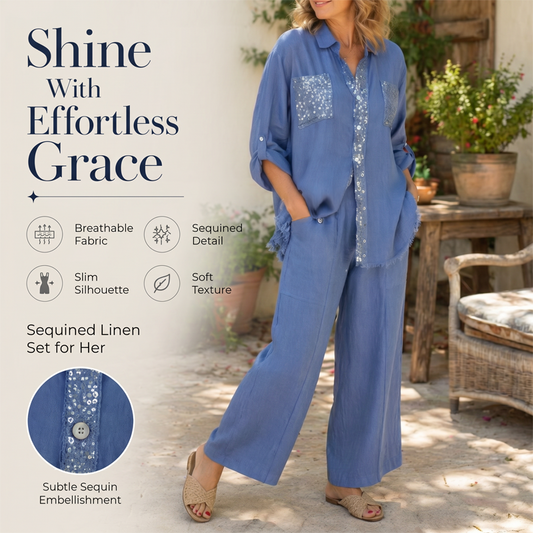 🔥Oferta especial: 50 % de descuento🔥 Conjunto de camisa de lentejuelas y pantalones de pierna ancha para mujer
