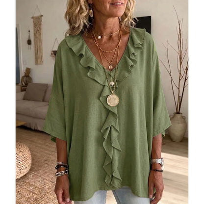 Tendencia del momento⭐💫 Top holgado con cuello en V y volantes: un color liso muy versátil que combina con todo