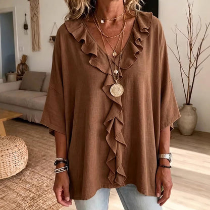 Tendencia del momento⭐💫 Top holgado con cuello en V y volantes: un color liso muy versátil que combina con todo