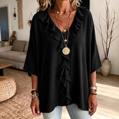 Tendencia del momento⭐💫 Top holgado con cuello en V y volantes: un color liso muy versátil que combina con todo