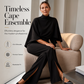 Conjunto de mujer compuesto por un top elegante con cuello alto tipo capa y pantalones de pierna ancha
