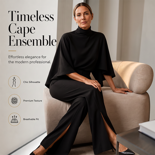 Conjunto de mujer compuesto por un top elegante con cuello alto tipo capa y pantalones de pierna ancha