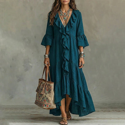 Vestido retro de mujer con cuello en V, volantes y mangas acampanadas