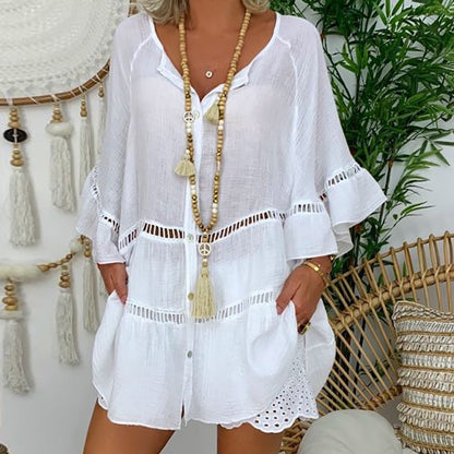 Vestido casual de mujer con cuello en V y calados