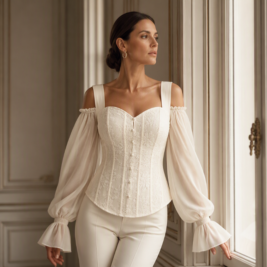🔥⏰ ¡OFERTA 50% OFF! 👚 Top Elegante para Mujer con Hombros Descubiertos – Jacquard Floral, Corte Corsé y Mangas Abullonadas ✨