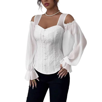 🔥⏰ ¡OFERTA 50% OFF! 👚 Top Elegante para Mujer con Hombros Descubiertos – Jacquard Floral, Corte Corsé y Mangas Abullonadas ✨