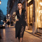 Vestido ajustado elegante para mujer con escote en V y mangas de encaje
