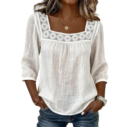 Blusa para mujer con encaje y croché, escote cuadrado