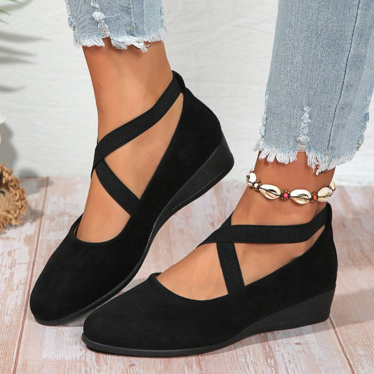 🌹Elegantes zapatos de cuña baja con correa elástica de color sólid