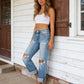 Jeans acampanados desgastados de talle alto para mujer