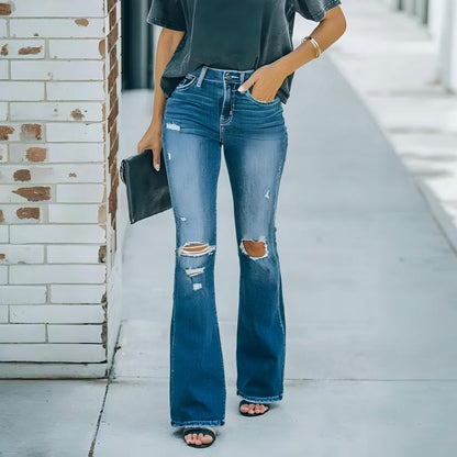 Jeans acampanados desgastados de talle alto para mujer