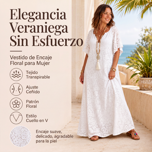 Vestido largo de mujer con cuello en V y encaje de ganchillo