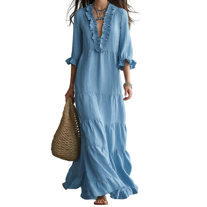 Vestido largo de mujer con volantes en cuello V y capas