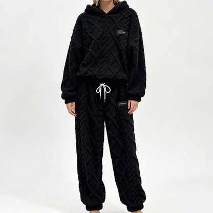Conjunto de sudadera con capucha de punto trenzado y pantalones de felpa para mujer