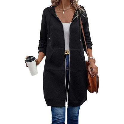 Sudadera con capucha de longitud media para mujer, cárdigan casual con cremallera y abrigos con bolsillos