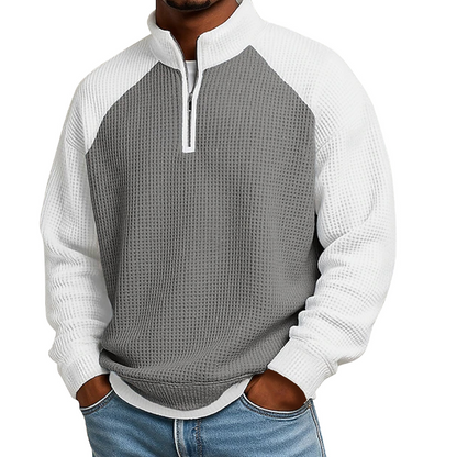 Camiseta de punto gofrado para hombre con cierre de cuarto de cremallera