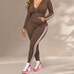 Conjunto de sudadera con capucha y cremallera a rayas para mujer, con pantalones a juego