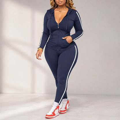 Conjunto de sudadera con capucha y cremallera a rayas para mujer, con pantalones a juego