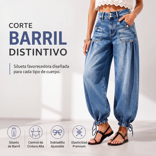 Jeans de tiro alto elásticos tipo barril para mujer