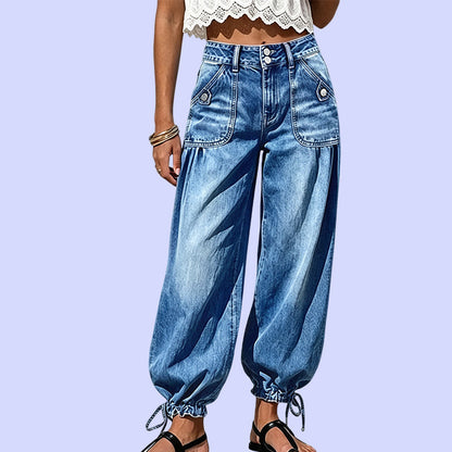 Jeans de tiro alto elásticos tipo barril para mujer